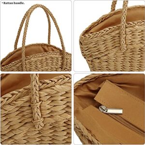 So'each Women's Handbag Wicker Woven Rattan Straw Tote Bag Basket Shoulder Bag Khaki