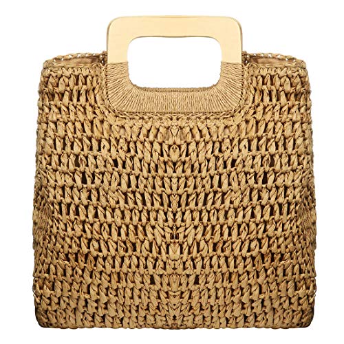 Women's Straw Tote Bag Handbags Beach Bag Exquisite Woven Fashion Large Rectangle Top Handle Bag Shopper Bag (Khaki)