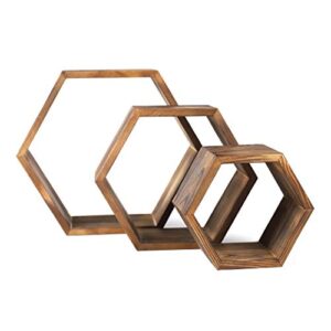 Wooden Hexagon Shelves - Rustic Floating Honeycomb Shelves - Set of 3 - Small, Medium, and Large - Wall Screws Included