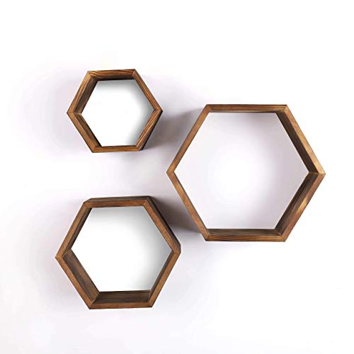 Wooden Hexagon Shelves - Rustic Floating Honeycomb Shelves - Set of 3 - Small, Medium, and Large - Wall Screws Included