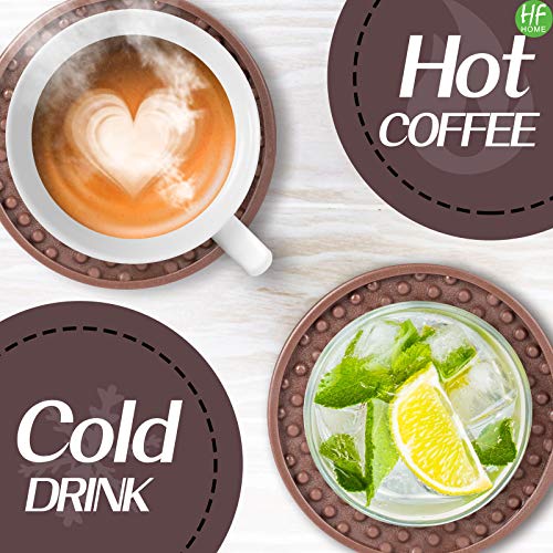 Drink Coasters Set of 6 Packs with Holder - Round Black BPA Free Silicone with Metal Iron Coaster Case Non-Slip Bottom Fits Any Size Cup Mug or Glasses (Brown)