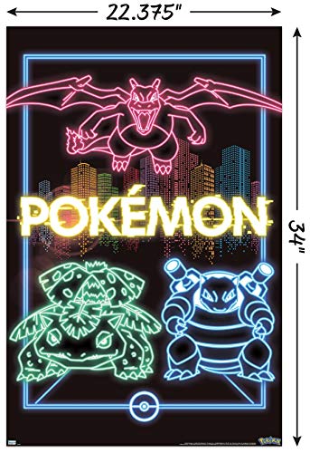 Trends International Pokémon - Neon Group Wall Poster, 22.375" x 34", Poster & Mount Bundle