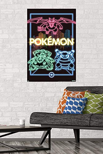 Trends International Pokémon - Neon Group Wall Poster, 22.375" x 34", Poster & Mount Bundle