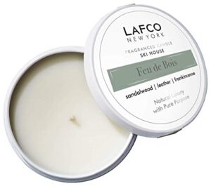 lafco new york – travel sized scented candle in ski house feu de bois with hints of sandalwood, leather accord and frankincense (4 oz.)