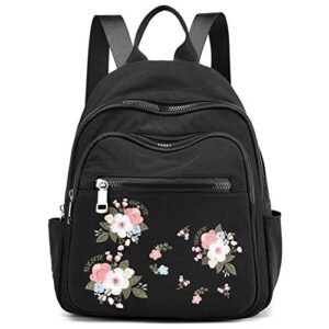 gazigo small backpacks for women,mini nylon bookbag purse casual lightweight embroidery daypack (1688 flower black)