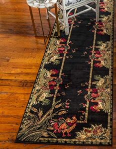 unique loom barnyard collection french country inspired cottage rooster design area rug (2′ 0 x 8′ 0 runner, black/ivory)