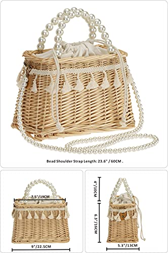 So'each Women's Handmade Rattan Wicker Lace Woven Artificial Pearl Shoulder Bag