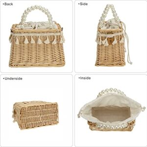 So'each Women's Handmade Rattan Wicker Lace Woven Artificial Pearl Shoulder Bag