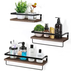 aozita 3 set pre-assembled floating bathroom shelves with 2 towel bars, wall mounted storage wood shelf, rustic decor accessories for bathroom, kitchen, bedroom, office, over toilet – brown