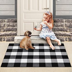 lulusvente buffalo plaid outdoor rug – 27.5x43in machine washable 2.1lbs hotel grade thick woven yarn black white plaid check farmhouse cotton for indoor / outdoor front porch runner layered doormat
