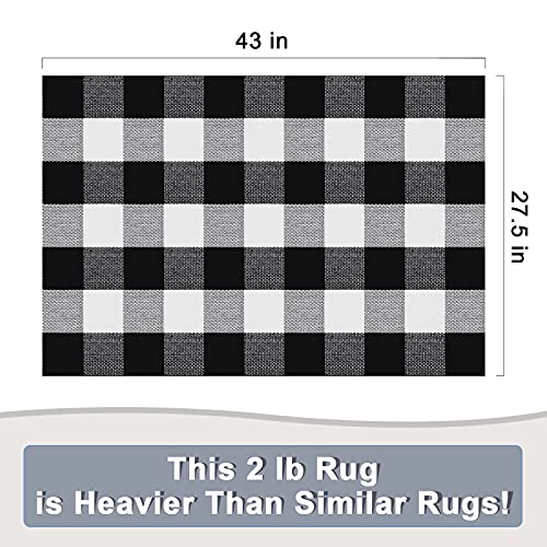 LulusVente Buffalo Plaid Outdoor Rug – 27.5x43in Machine Washable 2.1lbs Hotel Grade Thick Woven Yarn Black White Plaid Check Farmhouse Cotton for Indoor / Outdoor Front Porch Runner Layered Doormat