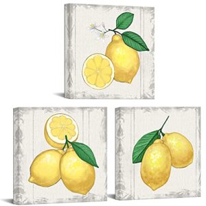 sechars 3 piece kitchen wall art vintage lemon pictures art prints still life fruit painting artwork for dining room bar decor framed ready to hang each panel 12×12 inches