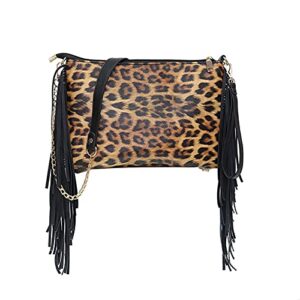 VASTLUCKYWomen Leopard Shoulder Bag Chic Leather Side Tassel Fringed Hobo Envelope Crossbody Purse Clutch Satchel with Wristlet