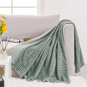 recyco fleece throw blanket for couch, super soft cozy fuzzy decorative blankets and throws with striped pattern for sofa, lightweight ribbed plush sage green throw blanket for bed 50″x60″