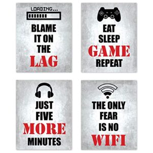 sweet jojo designs video game themed gamer wall art posters home decor black white and red gaming bedroom pictures prints decorations for playrooom gameroom boys girls children –set of 4 8 x 10 in.