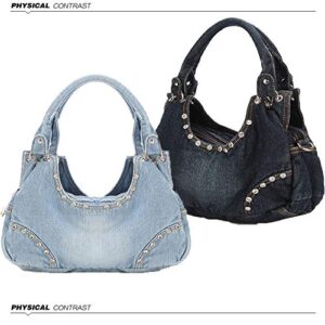 Arnosoar Denim Shoulder Bag Women Hobo Handbag Casual Fashion Tote Top-Handle Satchel Washed Blue
