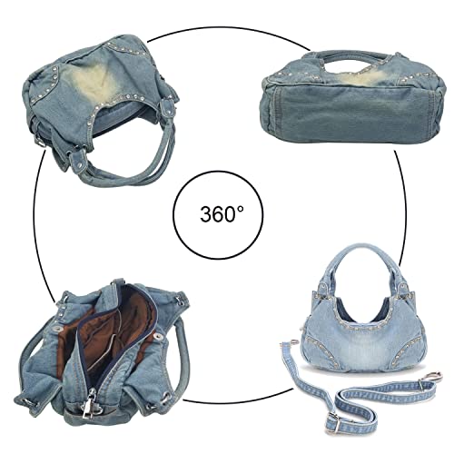 Arnosoar Denim Shoulder Bag Women Hobo Handbag Casual Fashion Tote Top-Handle Satchel Washed Blue