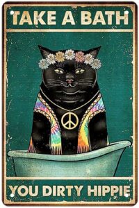 antswegg bathroom funny black cat for cat lovers gifts vintage cat wall decor posters art black cat metal tin sign-take a bath you dirty hippie-home farmhouse toilet bathroom wall decor gifts 8×12 in