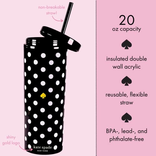 Kate Spade New York Insulated Tumbler with Reusable Straw, Black 20 Ounce Acrylic Travel Cup with Lid, Polka Dots