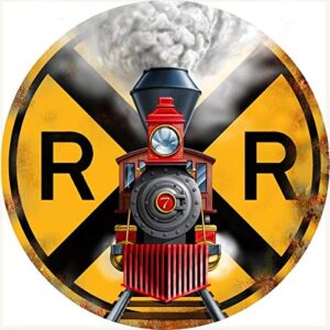 12x12 Inches Circular Metal Sign,Train Signage Railroad Crossing,Vintage Round Tin Sign Nostalgic Funny Iron Painting