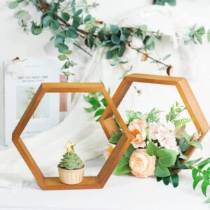 efavormart 2 pc | 9″ tall hexagon rustic wood centerpiece | natural geometric terrarium | honeycomb storage shelf