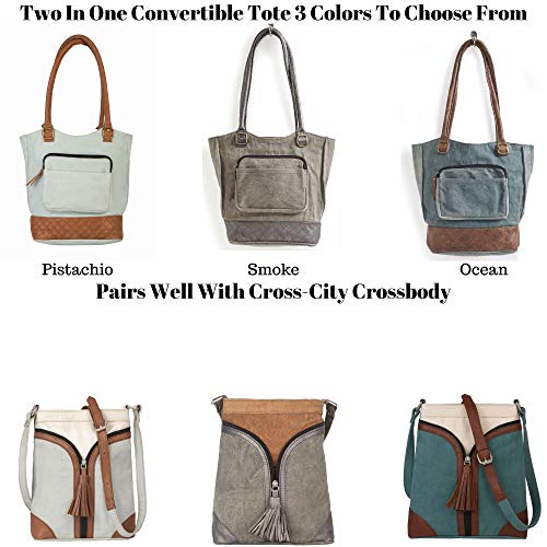 Mona B. Pistachio Two in One Convertible Upcycled Canvas Tote Backpack and Cross City Crossbody with Vegan Leather Trim (Tote-Pistachio)