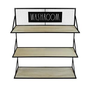 Rae Dunn 3 Tier Wall Shelf ‘Washroom’ - Wide Open Metal Rack with Wood Shelves for Storage and Display - Rustic, Vintage, Industrial, Farmhouse, Modern, Shabby Chic - Home and Bathroom Décor