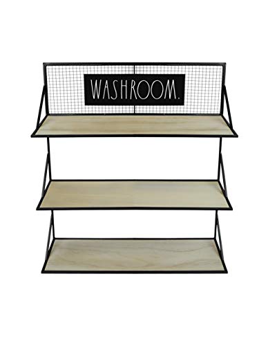 Rae Dunn 3 Tier Wall Shelf ‘Washroom’ - Wide Open Metal Rack with Wood Shelves for Storage and Display - Rustic, Vintage, Industrial, Farmhouse, Modern, Shabby Chic - Home and Bathroom Décor