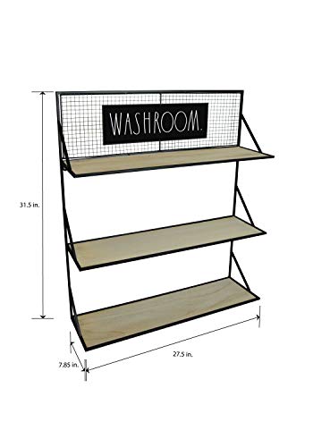 Rae Dunn 3 Tier Wall Shelf ‘Washroom’ - Wide Open Metal Rack with Wood Shelves for Storage and Display - Rustic, Vintage, Industrial, Farmhouse, Modern, Shabby Chic - Home and Bathroom Décor