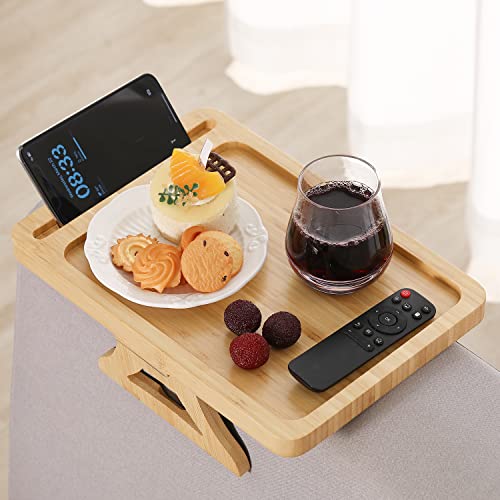 GEHE Couch Arm Table Tray, Bamboo Sofa Arm Tray Table for Couch Arm, Durable & Foldable Sofa Armrest Tray, Armrest Table for Food, Drinks, Snacks, Remote, Control, Phone