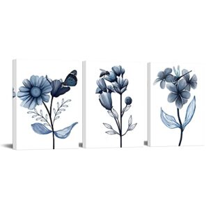 sechars 3 piece canvas wall art navy flower painting art prints blue floral with butterfly picture artwork modern bedroom bathroom wall decor framed ready to hang each panel 12×16 inches