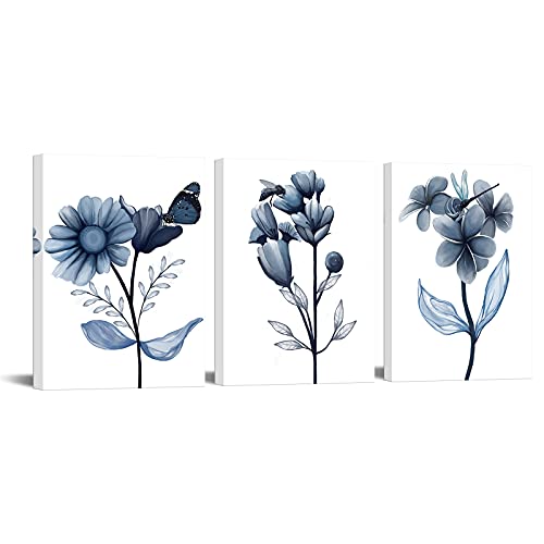 sechars 3 Piece Canvas Wall Art Navy Flower Painting Art Prints Blue Floral With Butterfly Picture Artwork Modern Bedroom Bathroom Wall Decor Framed Ready to Hang Each Panel 12x16 Inches