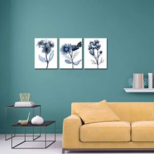 sechars 3 Piece Canvas Wall Art Navy Flower Painting Art Prints Blue Floral With Butterfly Picture Artwork Modern Bedroom Bathroom Wall Decor Framed Ready to Hang Each Panel 12x16 Inches