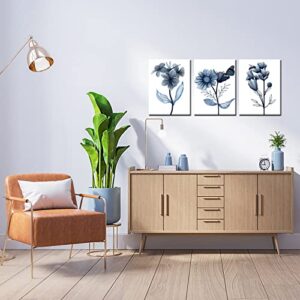 sechars 3 Piece Canvas Wall Art Navy Flower Painting Art Prints Blue Floral With Butterfly Picture Artwork Modern Bedroom Bathroom Wall Decor Framed Ready to Hang Each Panel 12x16 Inches