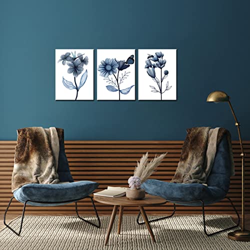 sechars 3 Piece Canvas Wall Art Navy Flower Painting Art Prints Blue Floral With Butterfly Picture Artwork Modern Bedroom Bathroom Wall Decor Framed Ready to Hang Each Panel 12x16 Inches