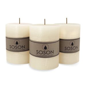 simply soson 3×4 ivory rustic pillar candles bulk, dripless clean long burning candles, large decorative candles, unscented candles for wedding, rustic home decor, dinner and parties–pack of 3