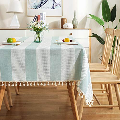 AmHoo Stitching Tassel Tablecloth Striped Table Cloth Rectangle Cotton Linen Dust-Proof Table Cover for Kitchen Dinning 54 x 86 Inch Teal