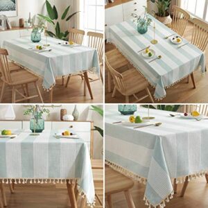 AmHoo Stitching Tassel Tablecloth Striped Table Cloth Rectangle Cotton Linen Dust-Proof Table Cover for Kitchen Dinning 54 x 86 Inch Teal