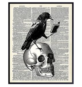 gothic edgar allan poe the raven poster – 8×10 hipster vintage skull wall art, home decor or room decoration – funny unique affordable gift for goth fans – dictionary art photo picture print