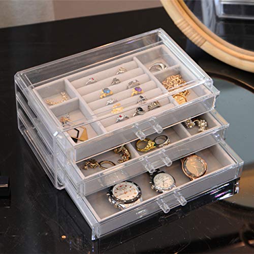 Acrylic Jewelry Boxes For Women With 3 Drawers Stackable Velvet Jewelry Organizer Holder for Earring Bangle Bracelet Necklace Ring Display Case Gift for Girls