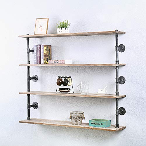 GWH Industrial Pipe Shelf Wall Mounted,Steampunk Real Wood Book Shelves,4 Tier Rustic Metal Floating Shelves,Wall Shelving Unit Bookshelf Hanging Wall Shelves,Farmhouse Kitchen Bar Shelving(48in)