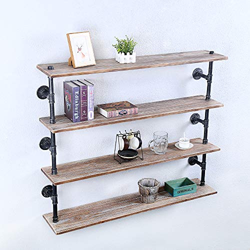 GWH Industrial Pipe Shelf Wall Mounted,Steampunk Real Wood Book Shelves,4 Tier Rustic Metal Floating Shelves,Wall Shelving Unit Bookshelf Hanging Wall Shelves,Farmhouse Kitchen Bar Shelving(48in)