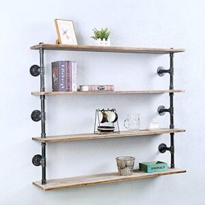 GWH Industrial Pipe Shelf Wall Mounted,Steampunk Real Wood Book Shelves,4 Tier Rustic Metal Floating Shelves,Wall Shelving Unit Bookshelf Hanging Wall Shelves,Farmhouse Kitchen Bar Shelving(48in)