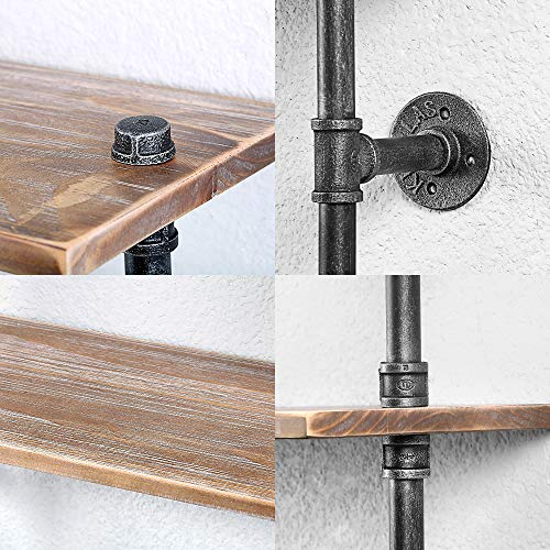 GWH Industrial Pipe Shelf Wall Mounted,Steampunk Real Wood Book Shelves,4 Tier Rustic Metal Floating Shelves,Wall Shelving Unit Bookshelf Hanging Wall Shelves,Farmhouse Kitchen Bar Shelving(48in)