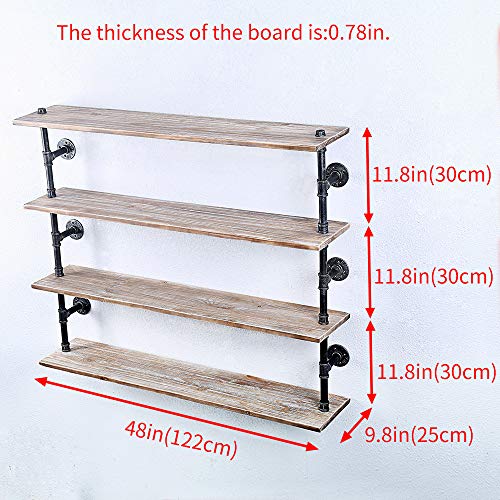 GWH Industrial Pipe Shelf Wall Mounted,Steampunk Real Wood Book Shelves,4 Tier Rustic Metal Floating Shelves,Wall Shelving Unit Bookshelf Hanging Wall Shelves,Farmhouse Kitchen Bar Shelving(48in)