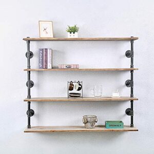 GWH Industrial Pipe Shelf Wall Mounted,Steampunk Real Wood Book Shelves,4 Tier Rustic Metal Floating Shelves,Wall Shelving Unit Bookshelf Hanging Wall Shelves,Farmhouse Kitchen Bar Shelving(48in)