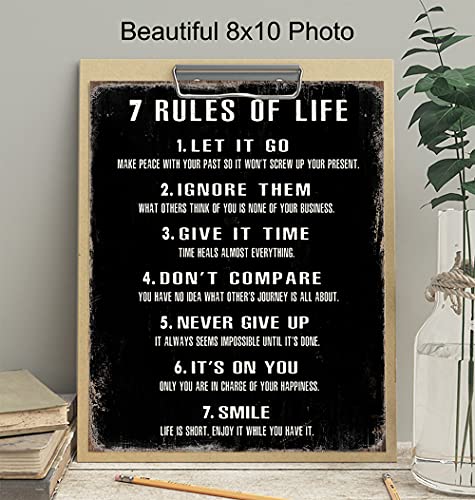 7 Rules Of Life Wall Art - Motivational Posters, 8x10 - Inspirational Gifts for Women, Men - Inspirational Wall Decor - Inspiring Positive Quotes Wall Decor - Home Office, Bedroom, Living Room