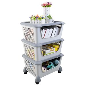 vcansay 3 tiers plastic large stacking organizer baskets with lid, plastic stacking bins with wheels