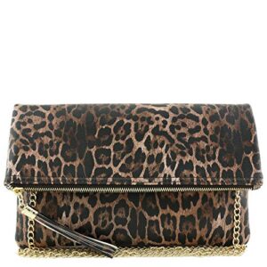 fashionpuzzle tassel accent flapover clutch purse with chain strap (leopard brown)