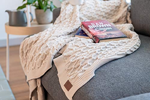 100% Organic Cotton – GOTS Certified | Knit Throw Blanket | Couch and Bed Throw Blankets | Knitted Throws | Adult Cable Knit (60 x 50 in, Ivory)